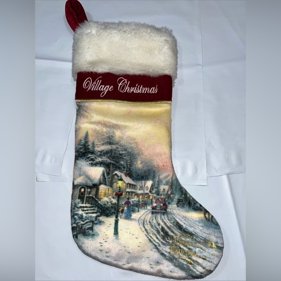 THOMAS KINKADE Village Christmas Fur Stocking Gold Embroidery 15"  Satin lining - Picture 12 of 15